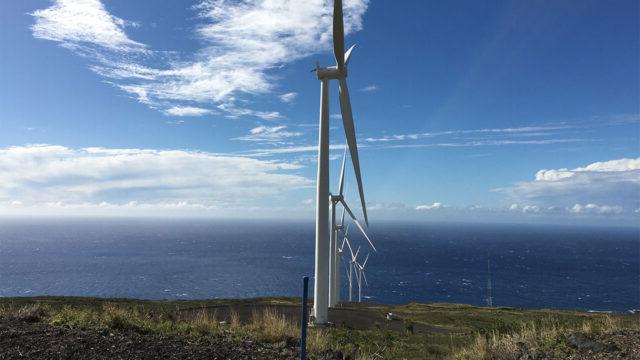 A row of turbines at the Tetra Tech-supported Auwahi Wind facility in Hawaii